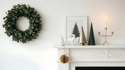 A modern and minimalist christmas mantel decoration featuring a eucalyptus wreath
