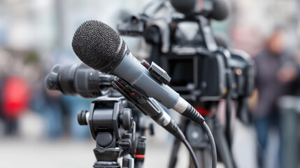 A close up shot of a gray microphone on a black stand with a blurred background of video cameras and people at an event being professionally recorded.
