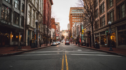 Fototapeta premium A city street view with vintage brick buildings lining the sides of the road leading towards the horizon on a cloudy day showcasing urban architecture.