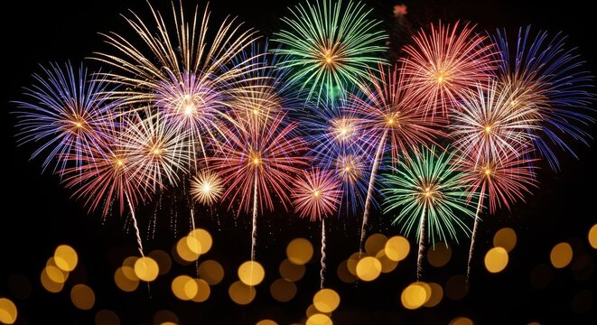 Colorful Fireworks Explosion in Night Sky