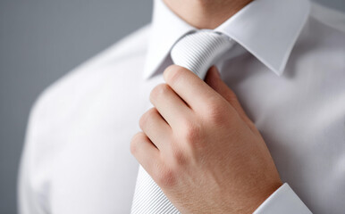Focused man in white shirt adjusting his white tie. Close up of male hand on knot, getting ready for professional business meeting or formal event