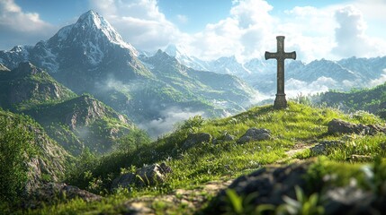 Stone cross on grassy hilltop overlooking misty mountain valley