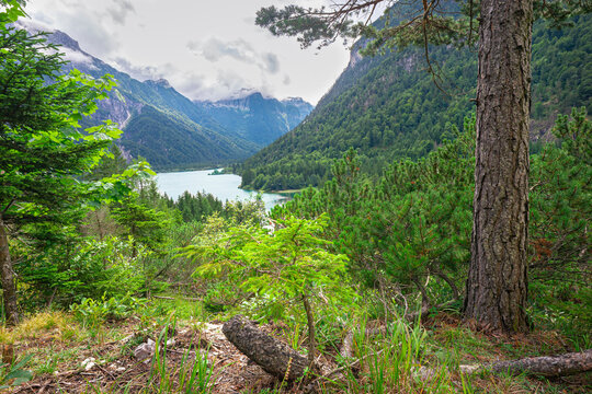 Tranquil view of Lake Predil surrounded by majestic mountains of the Julian Alps, northeast Italy