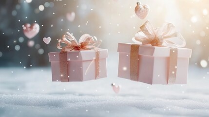 Two pink gift boxes with rose gold bows floating above snow with hearts and falling snowflakes