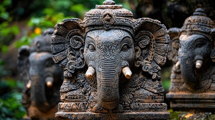 Stone Ganesha statues in a lush garden setting, ideal for cultural or spiritual themes