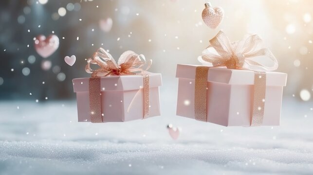 Two pink gift boxes with rose gold bows floating above snow with hearts and falling snowflakes - Powered by Adobe