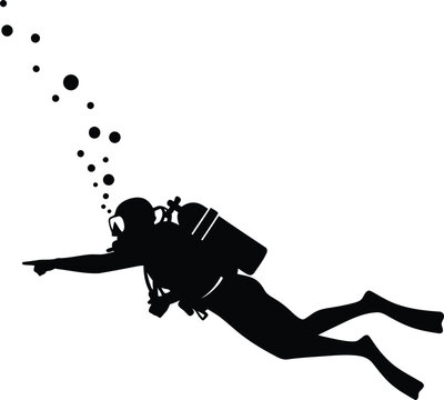 Scuba Diver Silhouette Underwater Swimming and Pointing