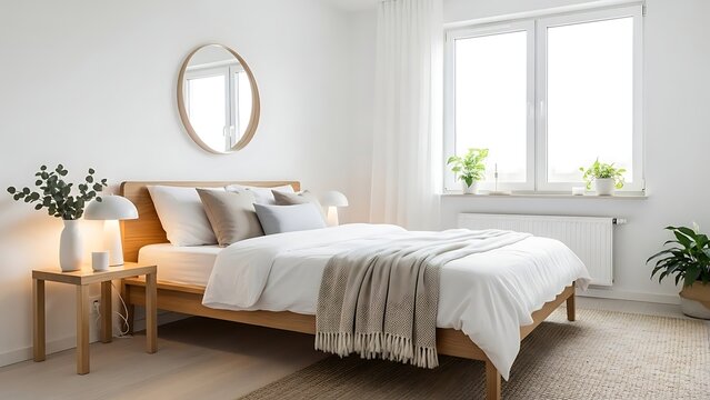 A bright and minimalist bedroom interior design with natural light and wooden accents - Powered by Adobe