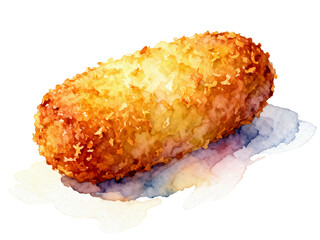 Golden Croquette's Crispy Delight: An appetizing watercolor illustration of a single golden-brown croquette. The culinary artwork emphasizes the texture, evoking the sensation of a crispy.