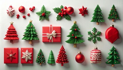 Christmas grid with gifts, snowflakes, stars, and ornaments in red, green, and white festive colors.