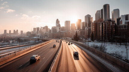 Fototapeta premium A panoramic vista of a modern city skyline is viewed from a highway, with vehicles traveling towards downtown du the radiant glow of a winter sunset.