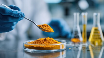A scientist in a lab uses a spoon to measure yellow powder from a petri dish. Glass containers filled with liquids are visible in the background