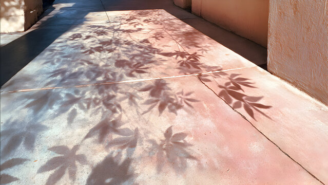 A soft pastel-toned sidewalk area with delicate repeating leaf shadows producing airy minimal abstraction