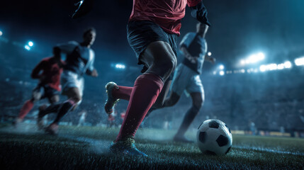 Fototapeta premium The soccer players in red and blue are kicking the ball on the green field in the spotlight as they play in a competitive football match under stadium lights.