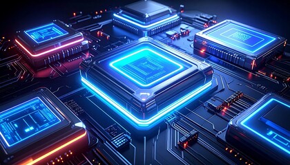 Glowing digital motherboard with central processor, circuit pathways, and red-blue lighting effects.
