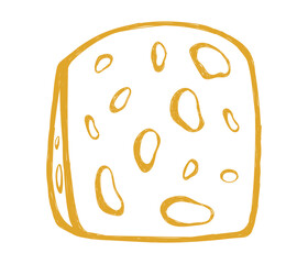 Hand drawn italian food in doodle style. Cheese pieces in quirky crayon style. Italy ingredient, cheese chunk, mediterranean dinner element for pasta, pizza, menu. Minimal doodle sketch. Vector illust