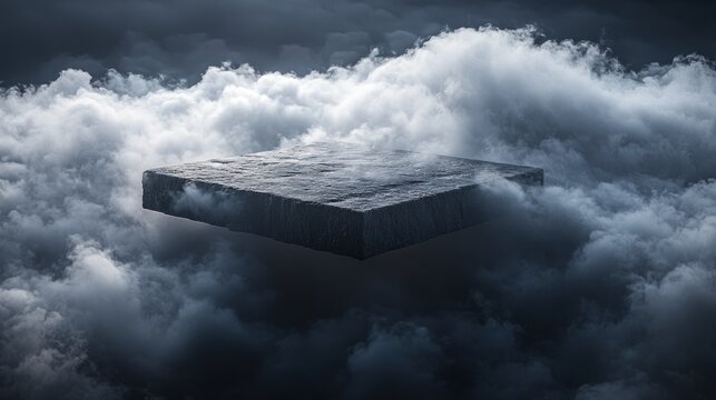 Stone platform floating in clouds, ideal for product placement