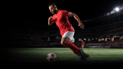 A focused soccer player in a red jersey skillfully dribbles the ball across the green field du a night game in the stadium, demonstrating speed and agility.