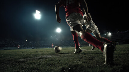 With intense focus, a soccer player in red skillfully maneuvers the ball past a defender on the illuminated field du a night game, showcasing dynamic athleticism.
