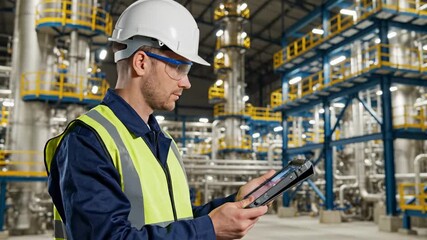 Professional male engineer in safety gear using a rugged tablet to monitor operations inside a large chemical processing plant, gesturing while analyzing data from the industrial equipment - Powered by Adobe