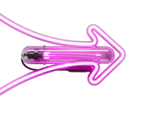 ultra-detailed magenta neon glass arrow, curved and pointing right, casting a volumetric pink glow on a stark white background, macro close-up, high contrast studio shot. Concept of modern