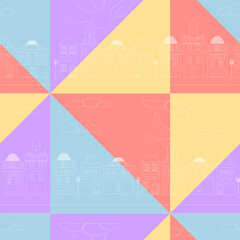 a pattern on a bright multicolored background with the outlines of low houses drawn on it