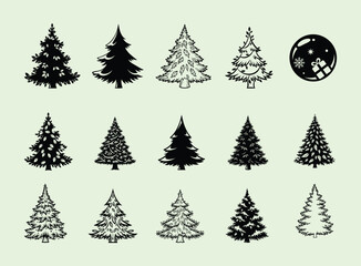 Collection of vintage style pine tree silhouettes with a circular design element