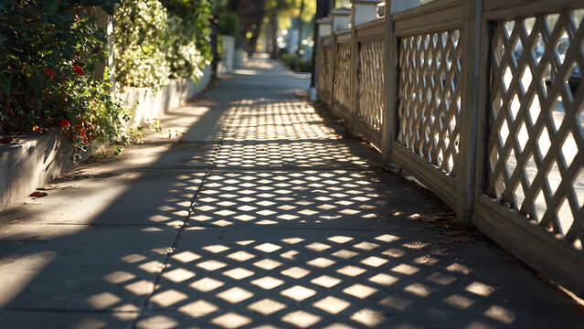 A sunlit sidewalk bordered by lattice fence casting beautiful repeating diamond-shaped shadows in minimal style