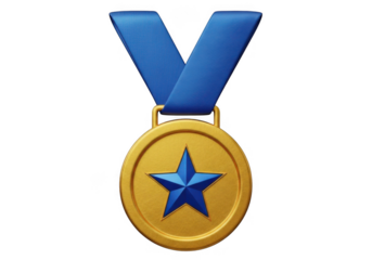 Gold medal with blue star and ribbon isolated on transparent background for award and achievement