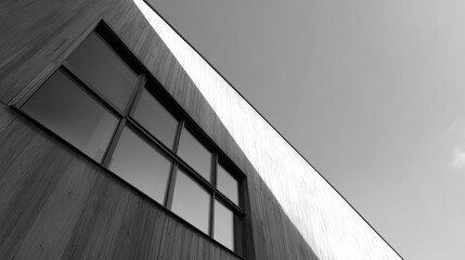 The monochrome facade of a modern building features a large window reflecting the sky, creating a minimalist and architectural composition against a bright background.