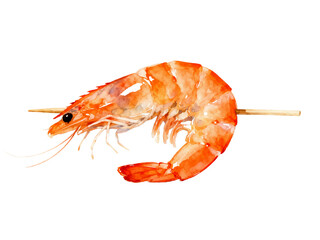 Seafood Delight: A succulent, grilled shrimp skewered on a wooden stick, offering a taste of the sea's finest.