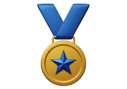 Gold medal with blue star and ribbon isolated on transparent background for award and achievement - Powered by Adobe