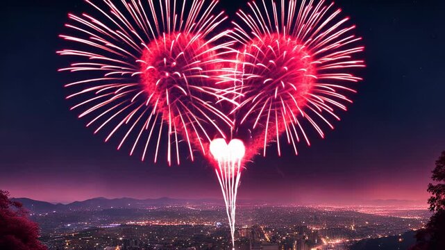 Heart shaped firework in night sky for Valentines day or wedding celebration