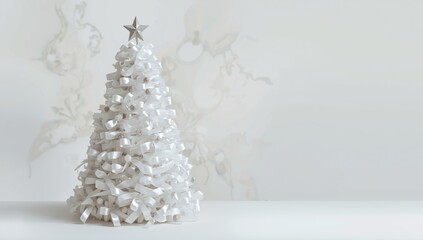 Christmas tree made of whiteribbon, abstract christmas background, white background	