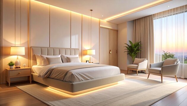 Modern bedroom with LED lighting, warm tones, white linens, armchairs, mirror, and potted plant.