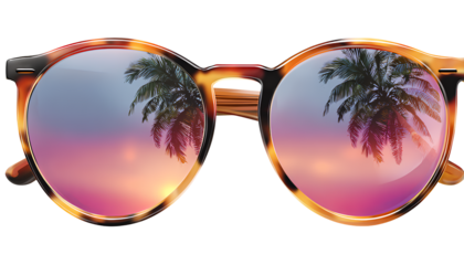 sunglasses with sunset and palm tree reflections isolated.