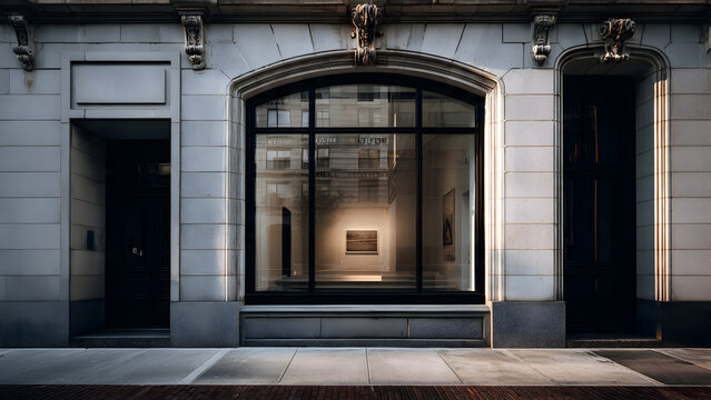 A wide storefront with reflected lines from nearby architecture forming symmetrical minimal composition