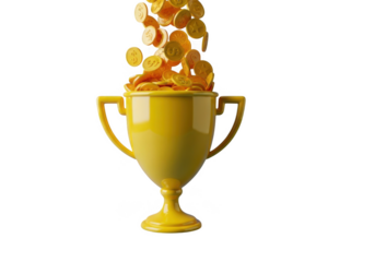 Golden trophy with falling coins isolated on transparent background for finance and success