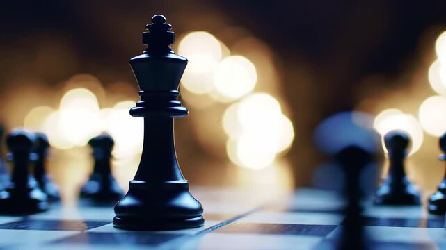 Close-up of a chess board with the black king in focus, set against a soft bokeh background. Strategy and board game concept.