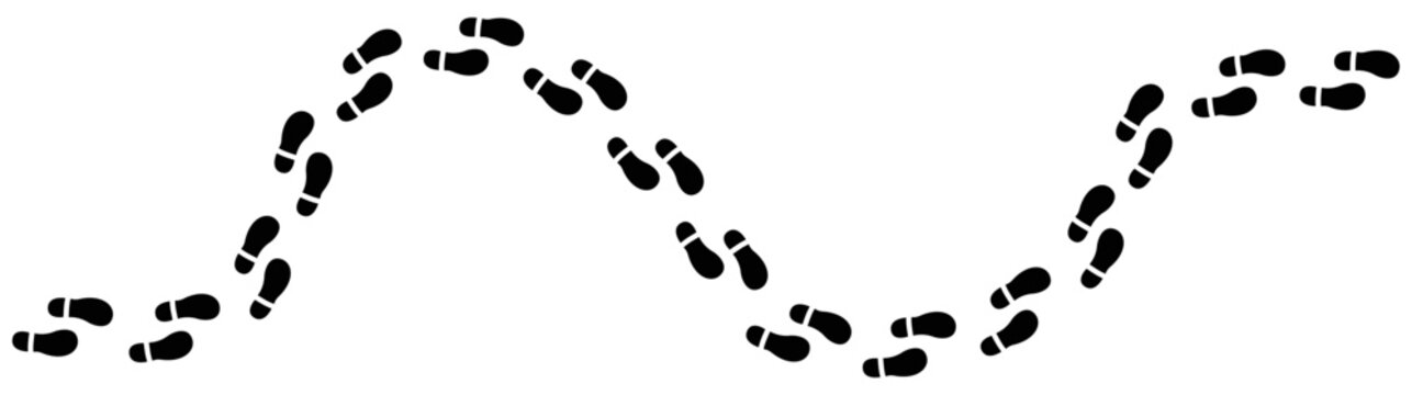 Trail of black shoe footprints following a wavy path for represent tracking, search, or a winding journey