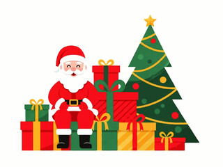 Santa Claus sitting among a pile of colorful Christmas presents next to a decorated Christmas tree.