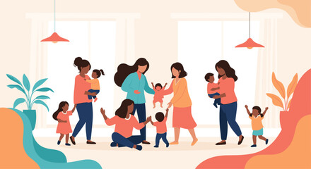Diverse group of mothers care for their babies and toddlers in a warm, welcoming indoor environment for new parents.