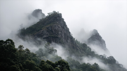 Majestic rocky mountain peak is partially concealed by thick fog and low clouds, emerging above the lush green forest below on a misty day in nature.