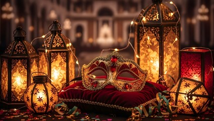 Masquerade mask with ruby gems and carnival lantern ambiance