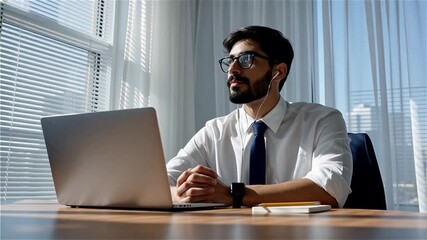 A bearded businessman in professional attire is on a video call on a laptop in a bright office. Natural light with blind shadows creates a dynamic, focused atmosphere. Suitable for remote work