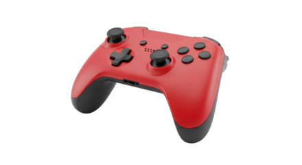 a sleek, matte vibrant red wireless video game controller with black accents, displayed at a three-quarter angle on a transparent background with soft shadow, concept of high-tech gaming and