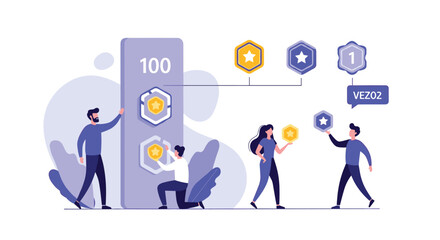 Tech team works on a gamification strategy by arranging various reward icons and achievement badges on a large wall.