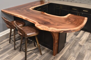 A beautifully crafted wooden kitchen island with a unique shape, featuring dark cabinetry and stylish bar stools, creating an elegant and modern kitchen aesthetic.