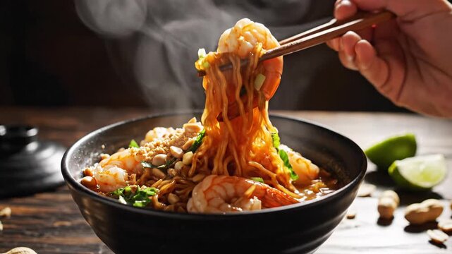Steaming noodles with shrimp peanuts and chopsticks on wooden table with lime