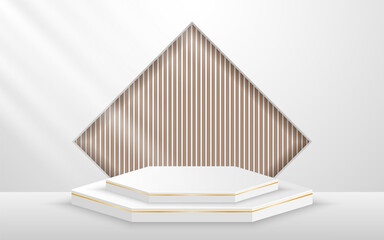 White podium with elegant gold lines and a brown slatted backdrop set in a square window for displaying advertisements. Display of cosmetic products. Stage or podium. vector illustration	